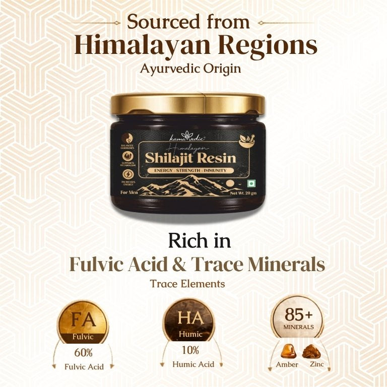 Kamavedic pure Himalayan Shilajit resin for men — 60 percent Fulvic Acid 85 minerals lab tested India