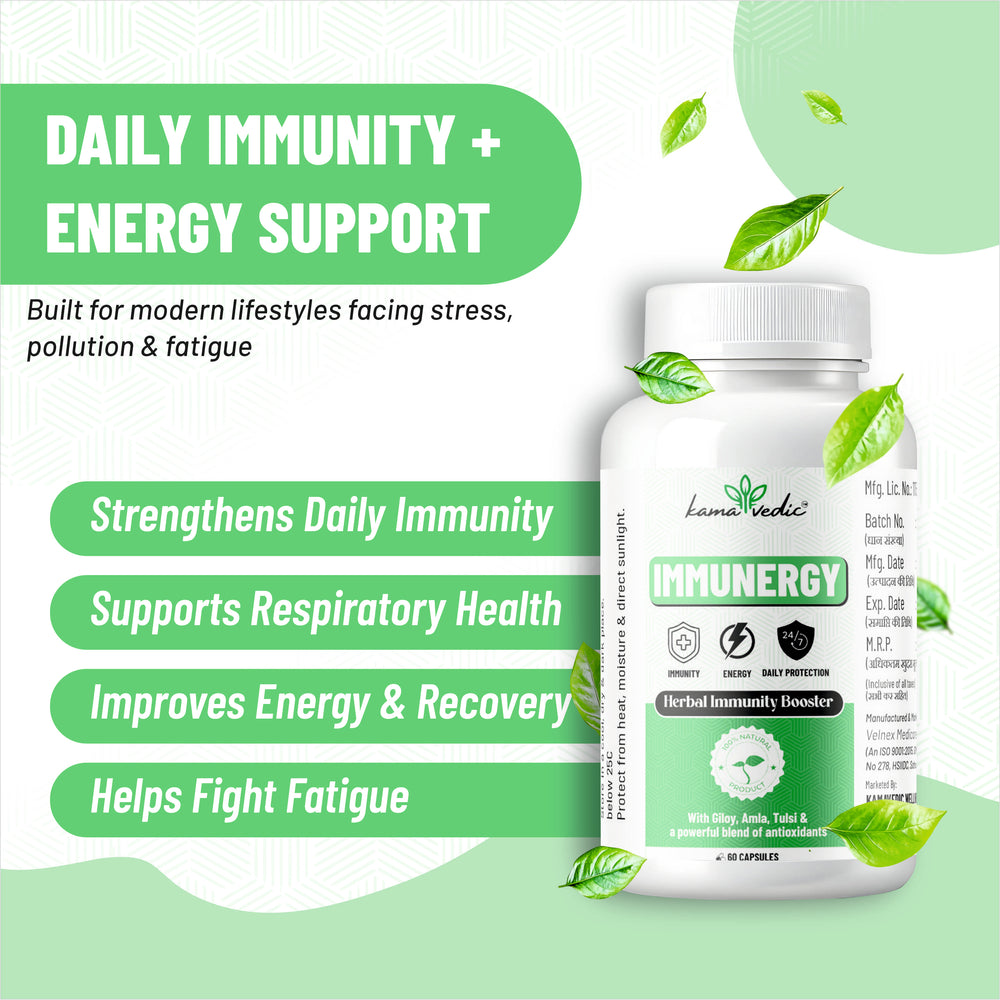 kamavedic Immunergy supplement bottle with green text on a white background