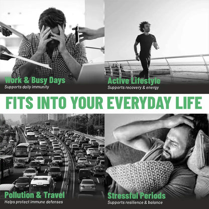 Immunergy fits everyday life — work busy days active lifestyle pollution travel and recovery support