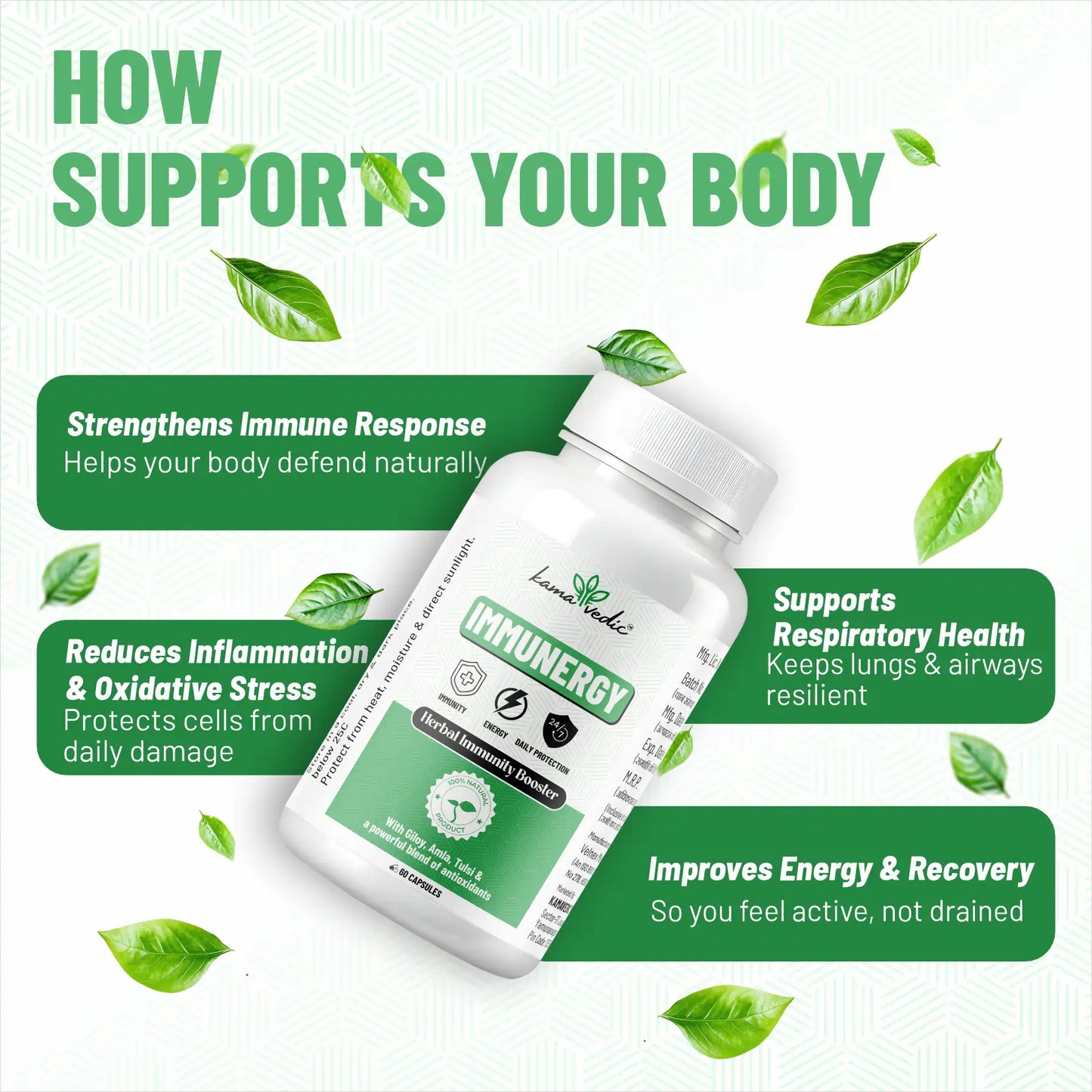 Kamavedic Immunergy supplement bottle — Ayurvedic immunity and energy support for daily wellness