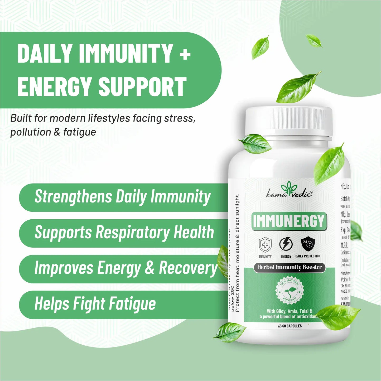 Kamavedic Immunergy benefits — immunity support energy recovery antioxidant and respiratory health India