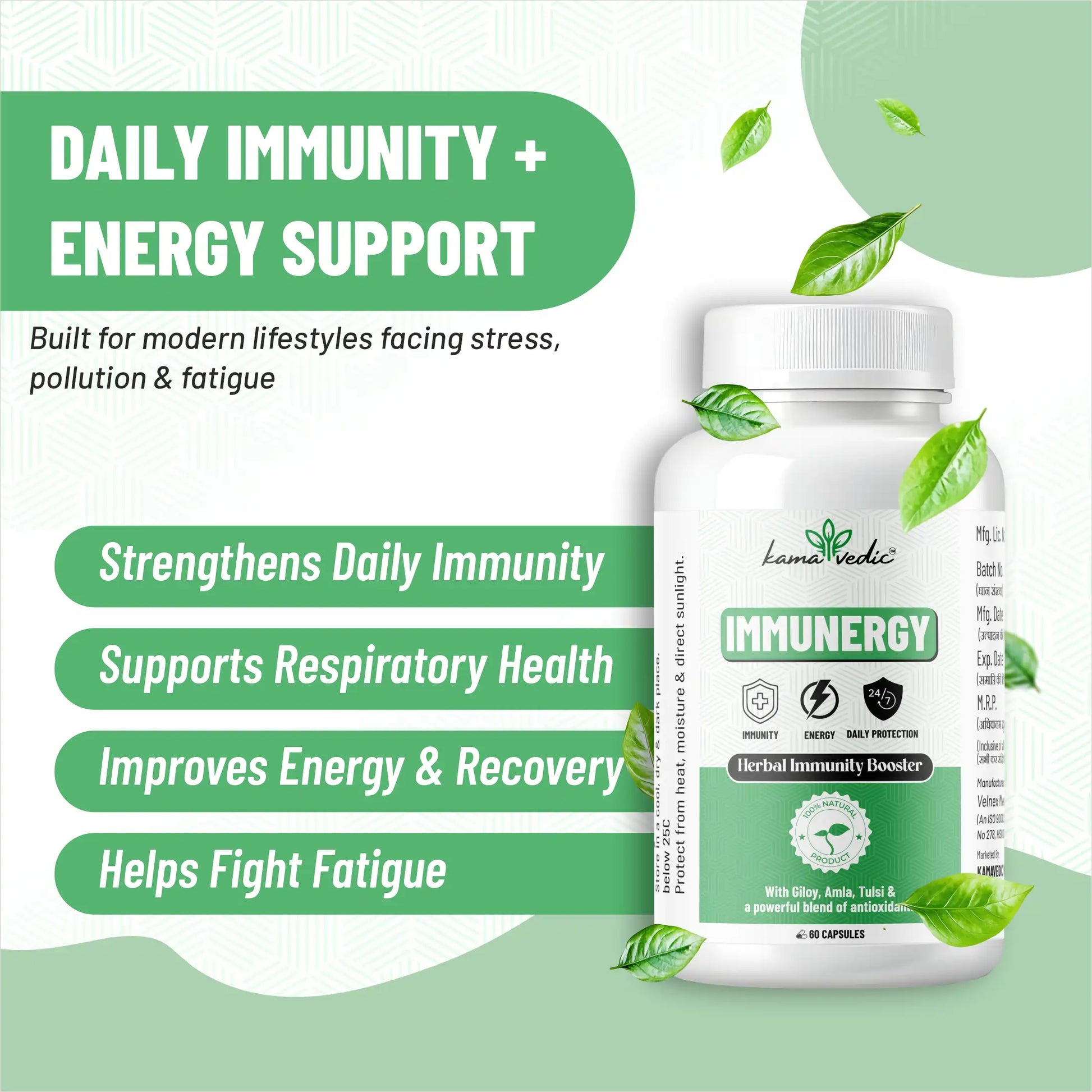 Kamavedic Immunergy benefits — immunity support energy recovery antioxidant and respiratory health India