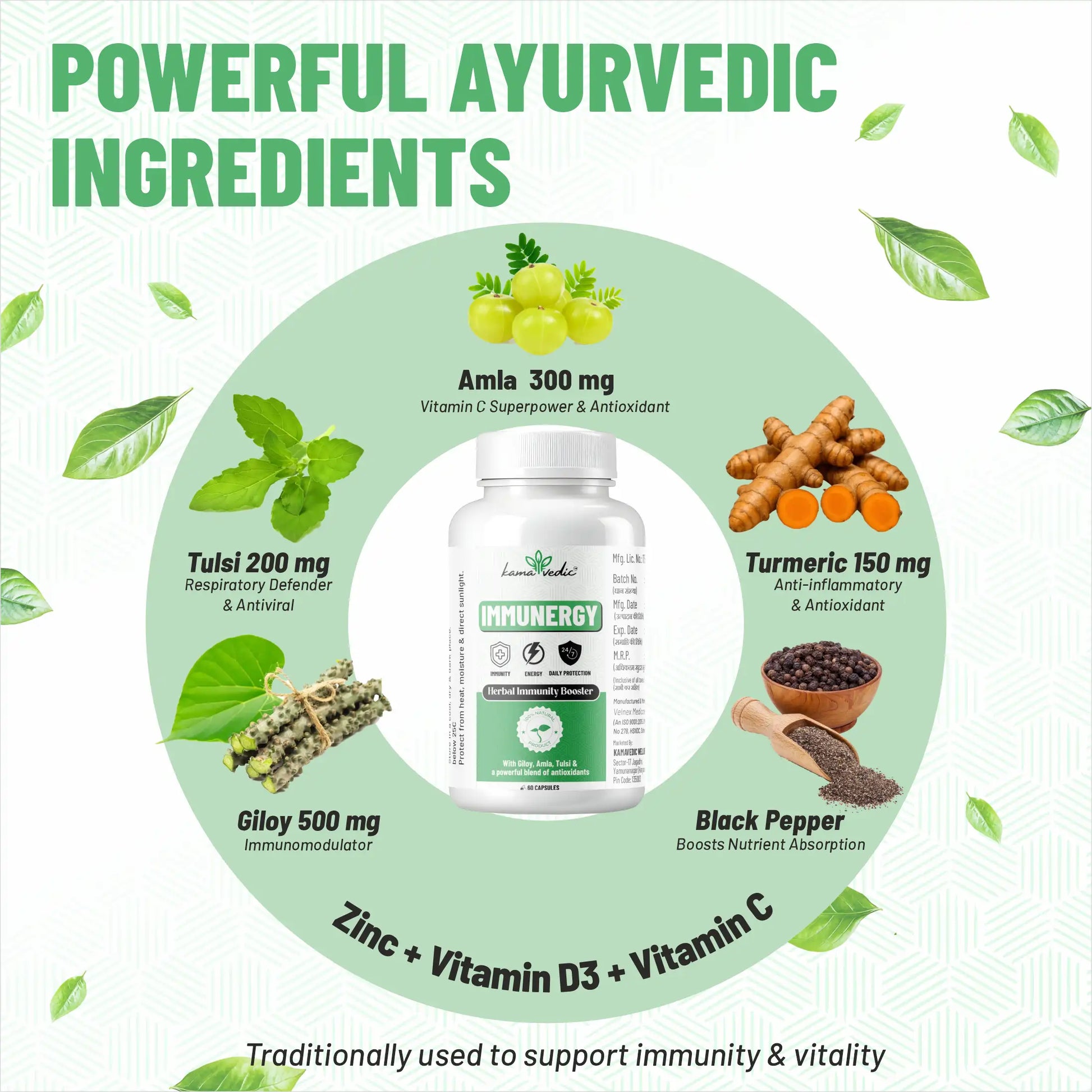Immunergy key ingredients — Giloy Amla Tulsi Curcumin Zinc Vitamin C D3 immunity booster India