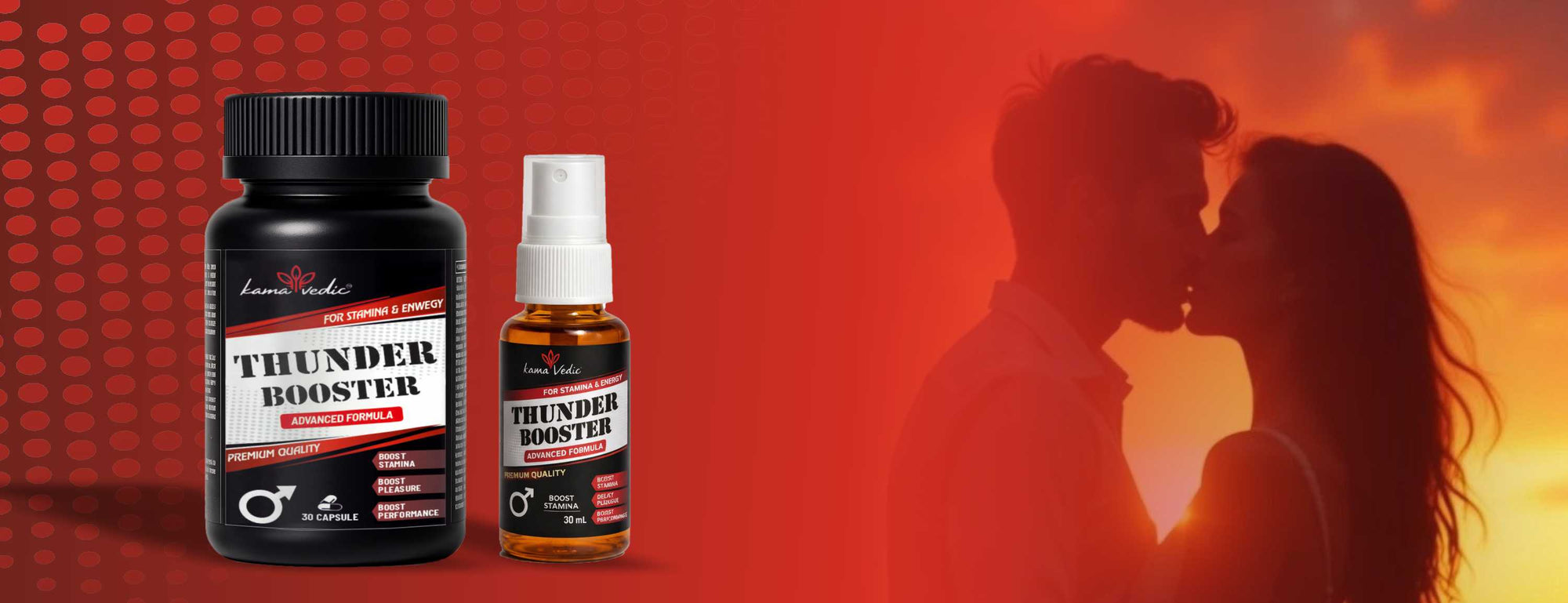 Two bottles labeled 'Thunder Booster' on a red background with a couple embracing.