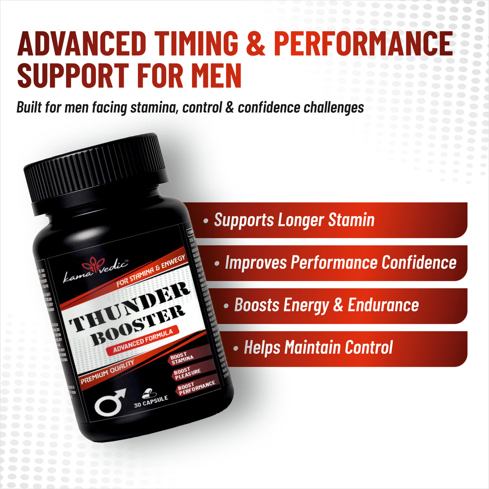 Thunder Booster supplement bottle with promotional text on a white background