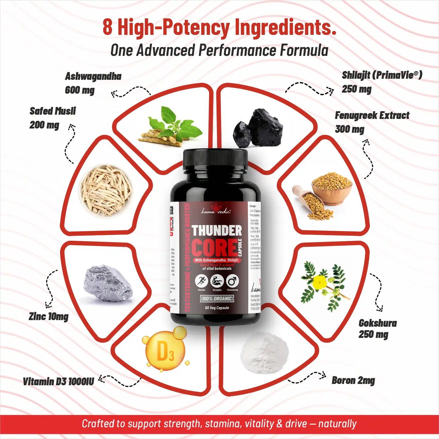 ThunderCore key ingredients — KSM-66 Ashwagandha Shilajit Safed Musli Gokshura testosterone booster