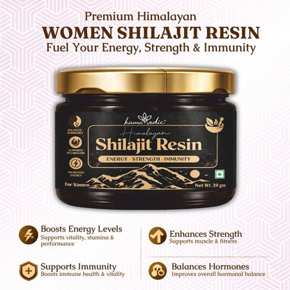 Kamavedic Shilajit Resin for Women jar — pure Himalayan formula immunity energy and hormonal balance