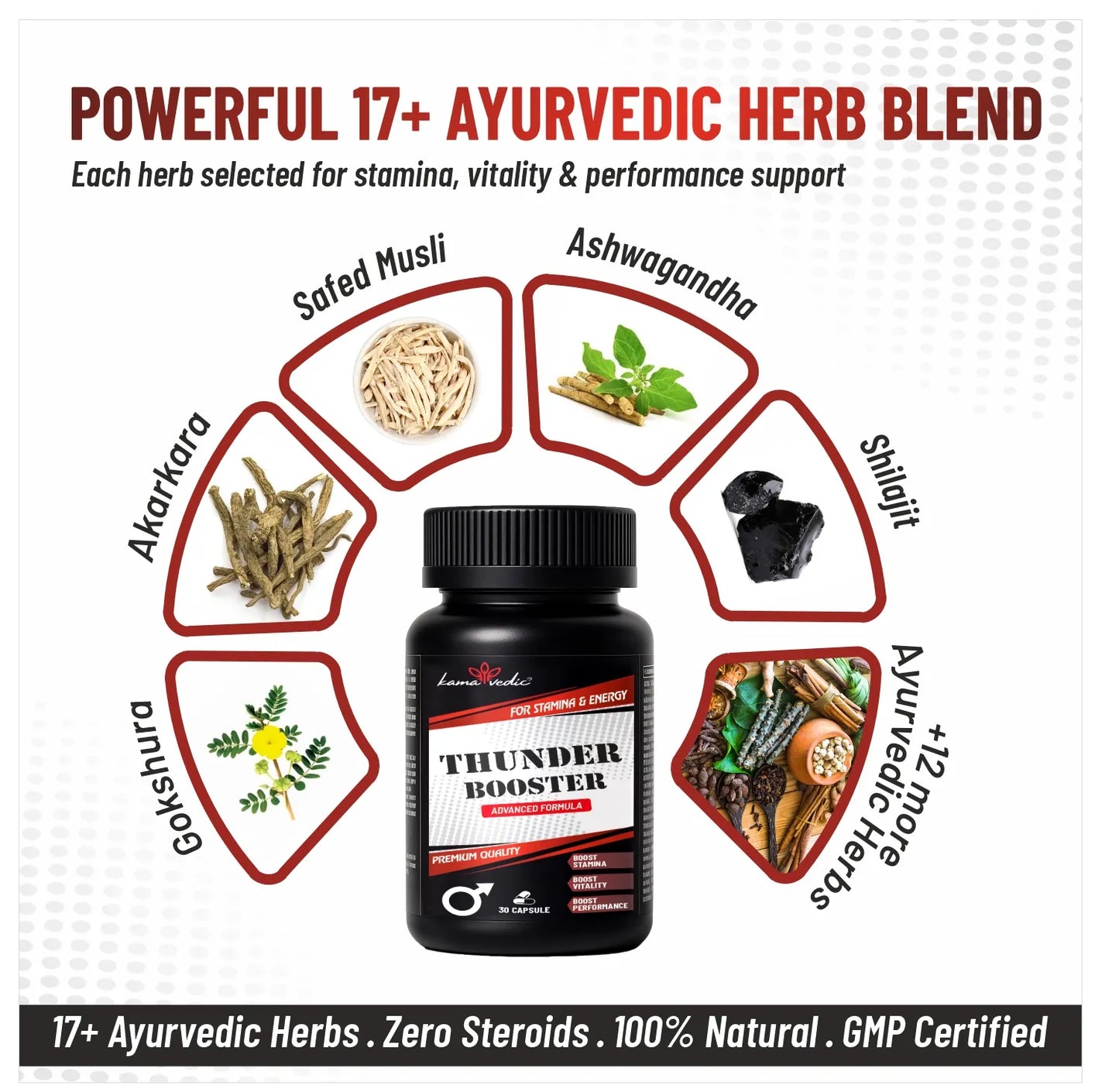 ThunderBooster Capsule — 17 Ayurvedic herbs, Ashwagandha, Shilajit, GMP certified stamina tablet