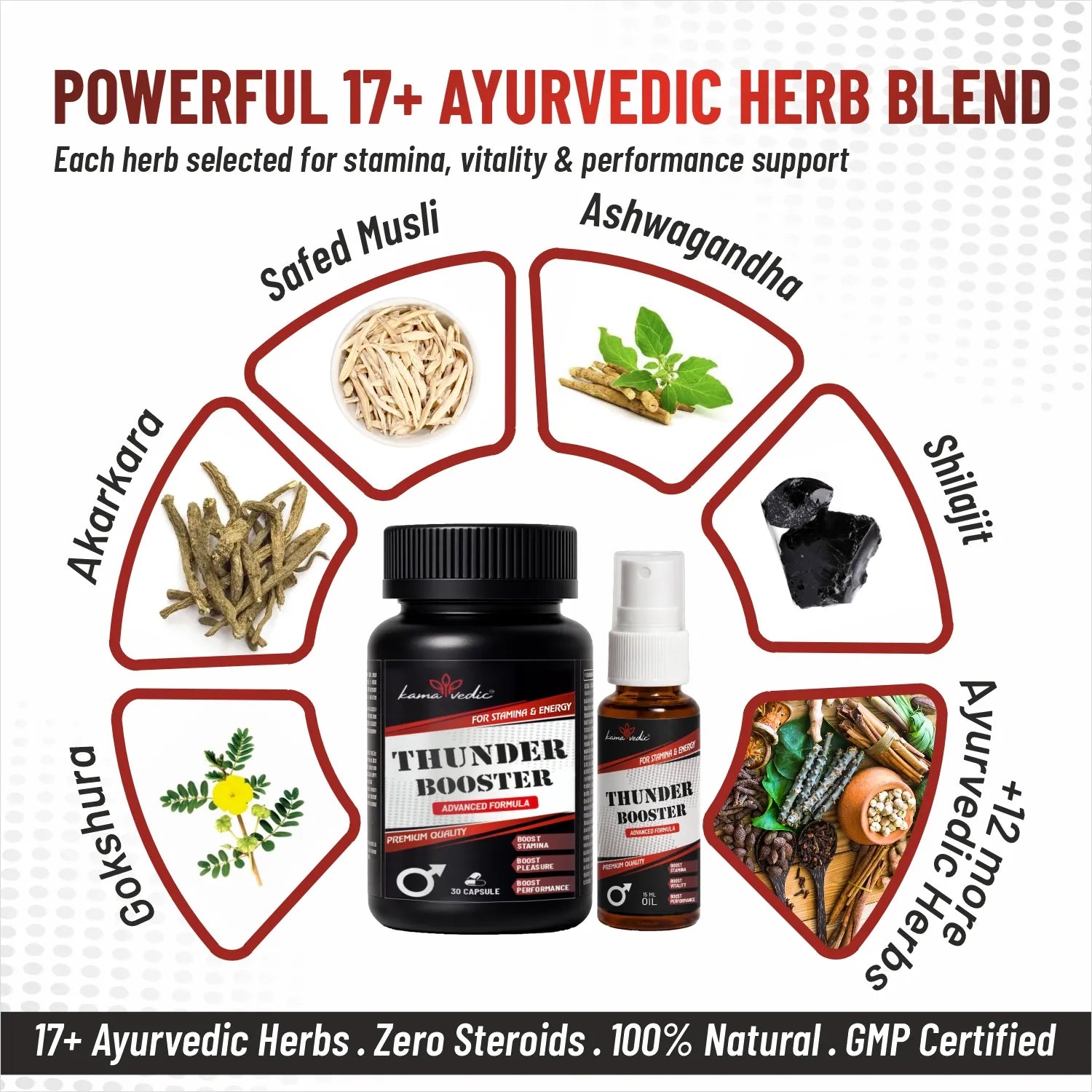 ThunderBooster Combo — 17 Ayurvedic herbs including Ashwagandha and Shilajit for men's wellness